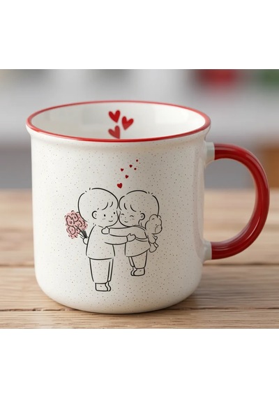 Romantik Çift Tasarımlı 370 Ml Porselen Kupa Kırmızı Kulplu Sevimli Aşk Temalı Kahve Kupası Beyaz - Kırmızı