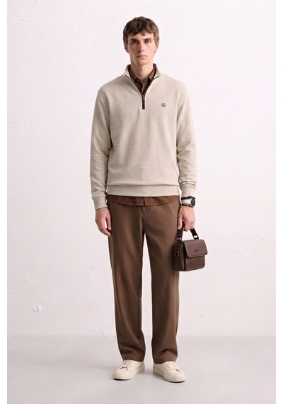 Barrels And Oıl Erkek Yarım Fermuarlı Dik Yaka Selanik Sweatshirt - Bej Bej