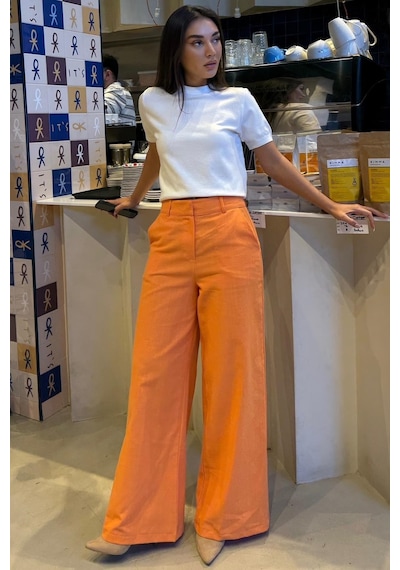 Madmext Turuncu Yüksek Bel Keten Wide Leg Pantolon Mg2718