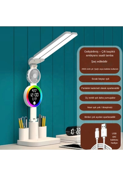 Shopytech Çift Başlıklı Led Masa Lambası Fanlı Dijital Saatli Rgb Ambiyans Dokunmatik Type-c Şarjlı Çok Renkli