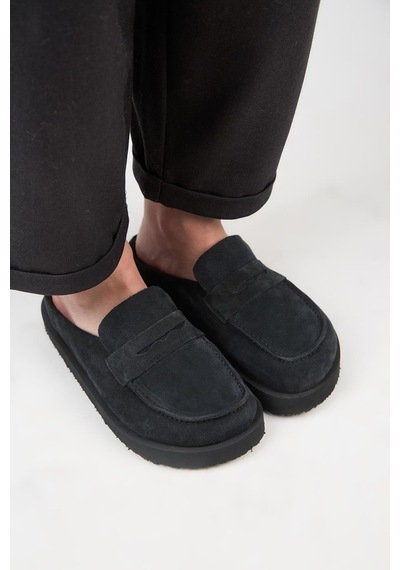 Manijero Ziva Kadın Hakiki Deri Loafer Platform Antrasit Terlik