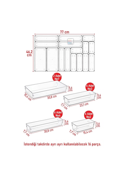 16'lı Set Modüler Kaşıklık Ve Kepçelik Çekmece Içi Düzenleyici Şeffaf Mutfak Organizer Şeffaf 8