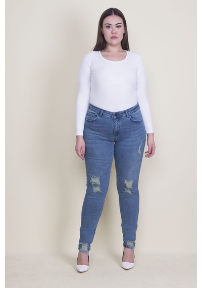 Şans Kadın Mavi Yırtık Detaylı Likralı Kot Skinny Pantolon 65n35338-mavi Mavi