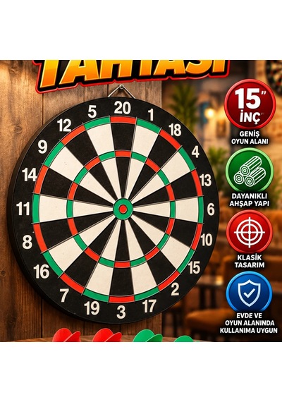 15 İnç Ahşap Dart Tahtası Seti 4 Adet Metal Uçlu Dart Oku