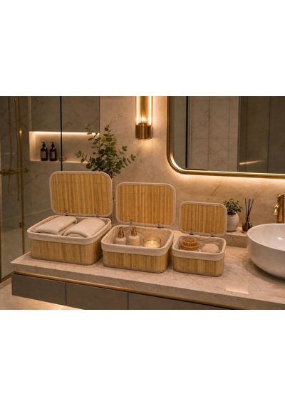 Tr 3 Lü Kapaklı Bambu Depolama&organizer Sepeti 36x26x17 Cm Sarı Genel