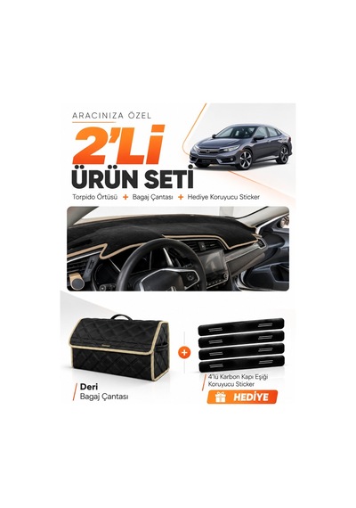 Honda Cıvıc Fc5 2015-2022 Uyumlu Torpido Örtüsü + Deri Bagaj Çantası + Sticker Seti - Siyah Bej