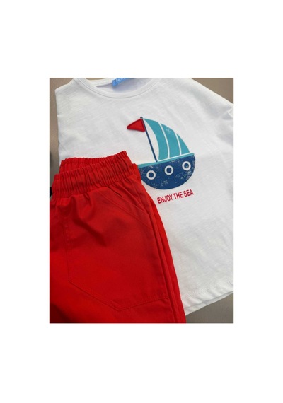 Eray Alp Kids Erkek Çocuk Kırmızı Yelken Baskılı Tişört Şort Takımı Yazlık Günlük Model