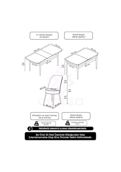 Canisa Concept Kor Serisi 70x114 Açılabilir Beyaz Mutfak Masası Takımı-6 Adet Kiremit Sandalye Masalar Beyaz Sandalyeler Kiremit