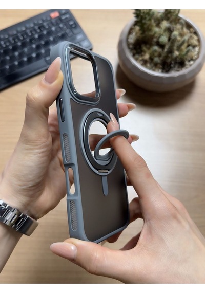 Apple iPhone Uyumlu 16 Pro Standlı Ve Yüzüklü Magsafe Kılıf Soocase721 Gri