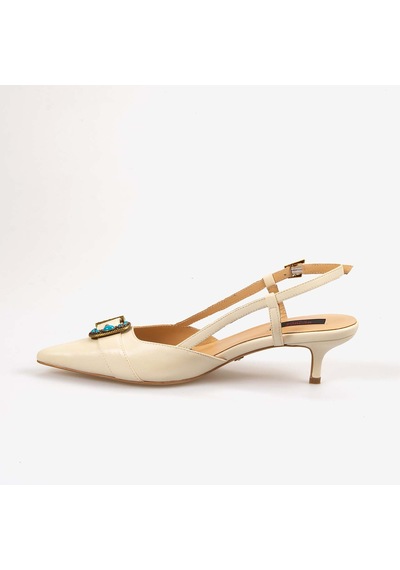 Rouge Kadın Taşlı Toka Detaylı Slingback Sivri Burun 6cm Topuklu Ayakkabı 7124 Bej