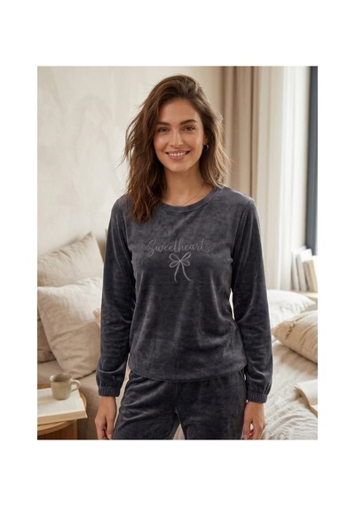 Kadın Uzun Kollu Manşetli Likralı Soft Kadife Pijama Takımı Antrasit