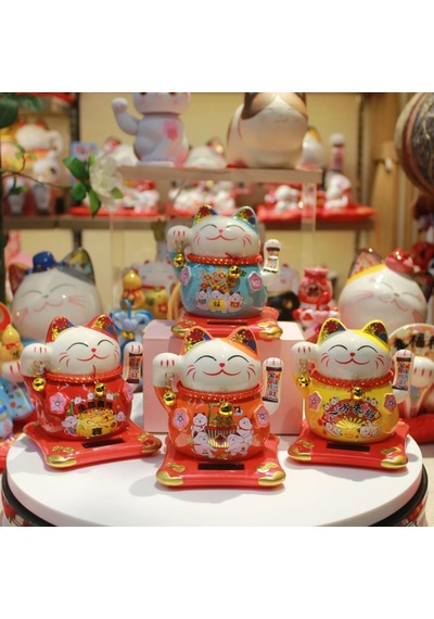 Seramik Maneki Neko Turuncu Güneş Enerjili Şans Kedisi 12cm No.4