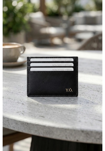 Vanilla Collection İsim Baskılı İnce Siyah Deri Kartlık Minimal Para Bölmeli Unisex Cüzdan Portföy
