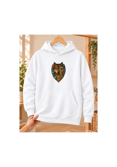 Mor Mürekkep Kadın Bozkurt Türk Bayrakları Ve Semboller Baskılı Kapüşonlu Sweatshirt - Beyaz