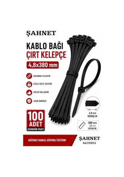 Şahnet 4,8x380 Mm Siyah Kablo Bağı 100'lü Paket Çırt Kelepçe Plastik Kablo Toplama Bağı Güçlü Kilitli