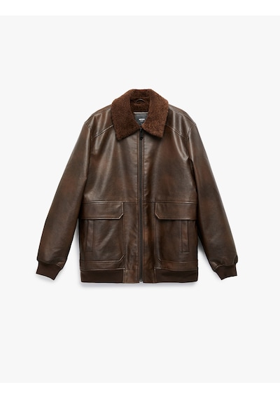 Koton Uzun Kollu Cep Detaylı Slim Fit Fermuarlı Peluş Yaka Kışlık Suni Deri Ceket Kahverengi 6wam20127hw Kahverengi