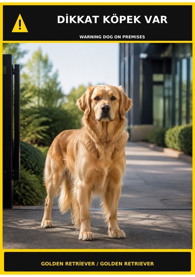 Dikkat Köpek Var Golden Retriever Görselli Pvc Uyarı Levhası 35x50cm