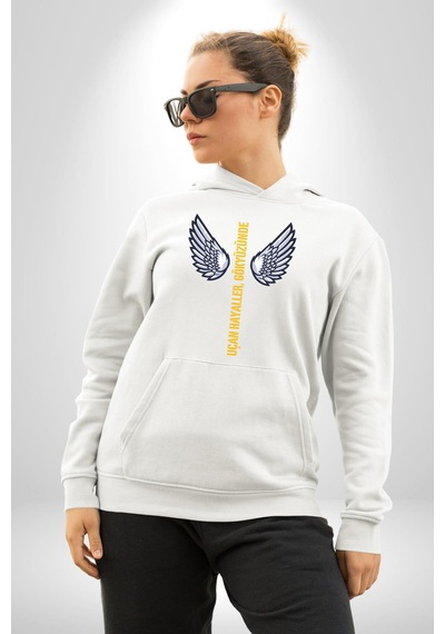 Uçan Hayaller Gökyüzünde Melek Kanatları Kadın Erkek Beyaz Kapüşonlu Sweatshirt Hoodie Beyaz