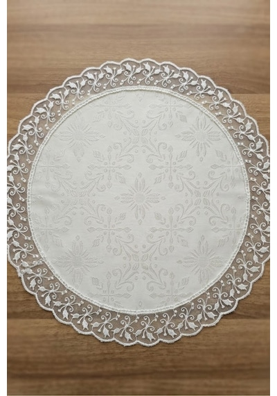 Lüks Jakarlı Yuvarlak Runner Güpür Dantelli Masa Örtüsü 60 Cm Beyaz