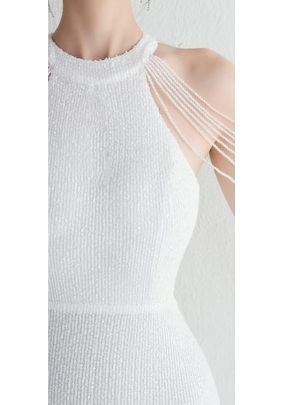 Hanife Glam Couture Hanife Glam Halter Yaka Taş Tasarımlı Pul Payet Abiye Elbise Beyaz