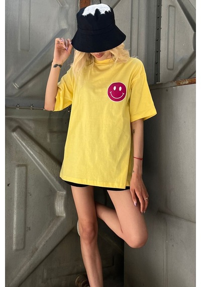 Madmext Sarı Arka Baskılı Oversize Yuvarlak Yaka Kadın Tişört-sarı Sarı