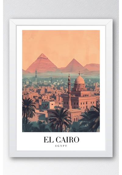 Cairo Egypt Vintage Seyahat Posteri Çerçeveli Tablo - Premium Piramitler Elit Duvar Dekoru Beyaz