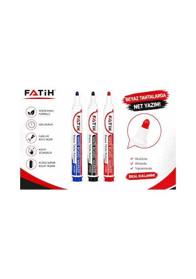 Fatih Beyaz Tahta Kalemi 3'lü Set Mavi Siyah Kırmızı Whiteboard Marker Silinebilir Çok Renkli