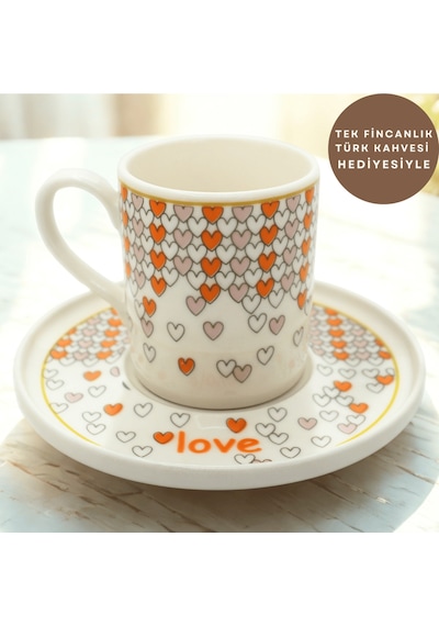 Love Kalp Desenli 6 Kişilik Porselen Kahve Fincan Takımı Çok Renkli