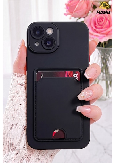 Fibaks iPhone 14 Plus/15 Plus Uyumlu Kılıf Kamera Korumalı Arkası Kartlıklı Cüzdanlı Kırmızı Tuşlu Siyah Silikon