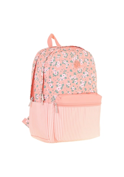Kaukko Soft Floral Kız Çocuk Üç Bölmeli Somon Çiçek Ve Çizgi Desenli Okul Sırt Çantası - K1795 Somon