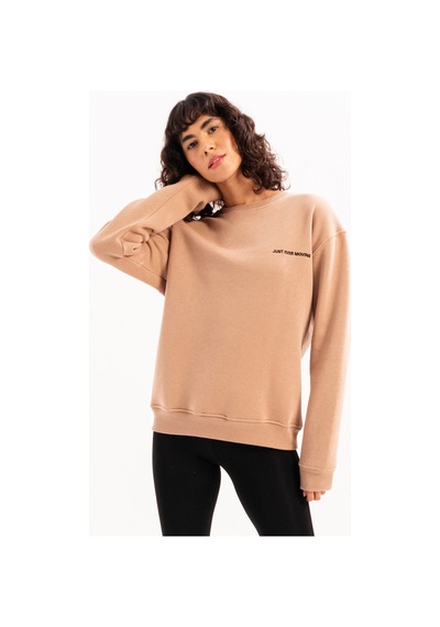 Justever Bisiklet Yaka Nakışlı Şardonlu İçi Polarlı Vizon Kadın Sweatshirt - Rigil Vizon