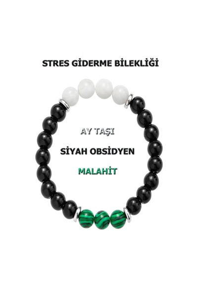 Doğal Taş Stres Bilekliği Ay Taşı - Obsidyen - Malahit Çok Renkli