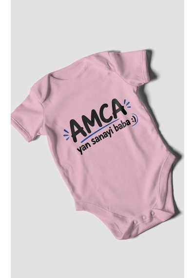 Morivokids Amca Ve Yan Sanayi Babaya Özel Kısa Kollu Bebek Body %100 Pamuk Koyu Pembe