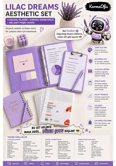 Lilac Dreams Aesthetic Kırtasiye Seti A4 4 Halkalı Klasör + Kapaklı Sekreterlik + 100 Adet Poşet Dosya Pembe Pvc Organizer Set
