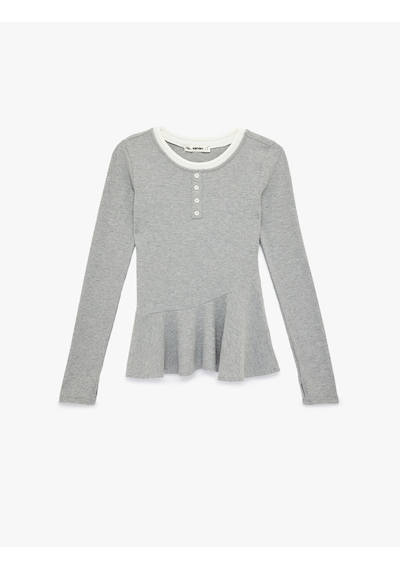 Koton Slim Fit Volanlı Bisiklet Yaka Biyeli Düğmeli Uzun Kollu Tişört Gri Melanj 6sal10208ık Gri Melanj Koton Slim Fit Volanlı Bisiklet Yaka Biyeli Düğmeli Uzun Kollu Tişört Gri Melanj 6sal10208ık Gri Melanj