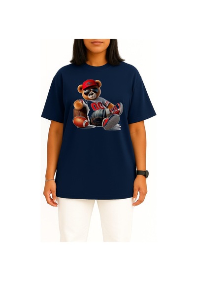 Bahriyeli Collection Oversize Havalı Teddy Ayıcık Göğüs Tasarımlı Unisex T-shirt Lacivert