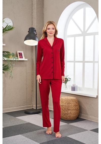 Pjs 23523 Kadın Puanlı Düğmeli Pijama Takım Bordo