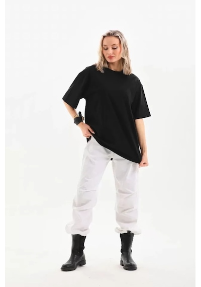 Ge Ticaret Unisex Bisiklet Yaka 20/1 Düz Oversize T-shirt - Siyah SIYAH