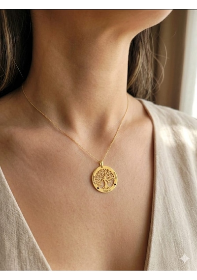925 Ayar Gümüş Altın İşçilik Kişiye Özel İsimli Tuğba Hayat Ağacı Aile Kolye.rose.gold.rodaj