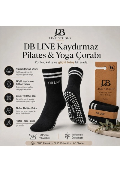 Çorap Giyim Db Lıne Kaydırmaz 8'li Pilates Yoga Çorabı Pamuklu Silikon Tabanlı Barre Stüdyo Spor Çorabı Siyah