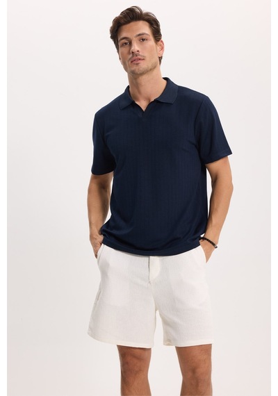 Tudors Erkek Slim Fit Dar Kesim Pamuklu Kısa Kollu Çizgili Lacivert Polo V Yaka Tişört-51125