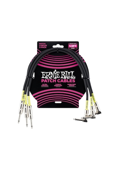 Ernie Ball Düz/açılı Yama Kabloları 18" 3'lü Paket Siyah