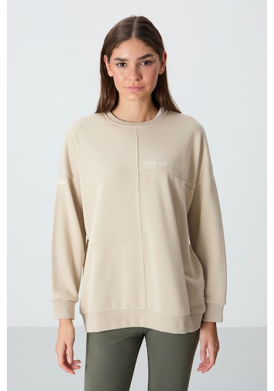 Tommy Life Bej Kompakt Pamuklu Kalın Pürüzsüz Dokulu O Yaka Oversize Fit Kadın Sweatshirt - 97288 Bej