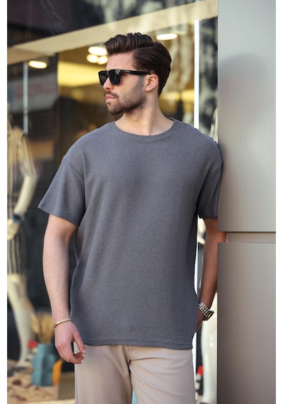 Madmext Füme Bisiklet Yaka Oversize Erkek T-shirt E7134 Füme