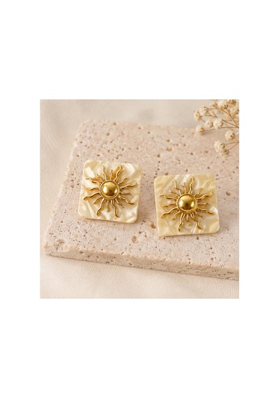 Krem Mermer Desenli Kare Güneş Figürlü Gold Detaylı Kadın Küpe Krem - 896857228 Krem - 896857228 Krem