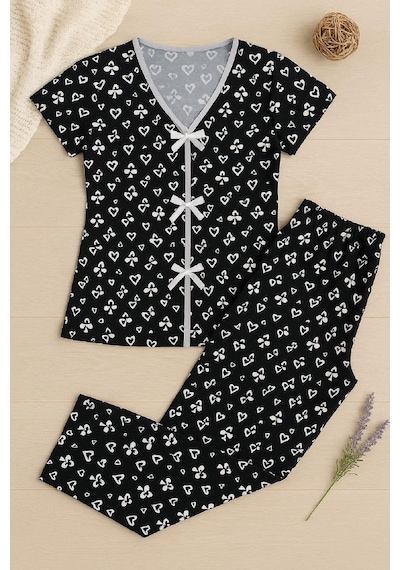 Moda Dua Kadın Siyah Beyaz Desenli Fiyonklu Kısa Kollu Pijama Takımı