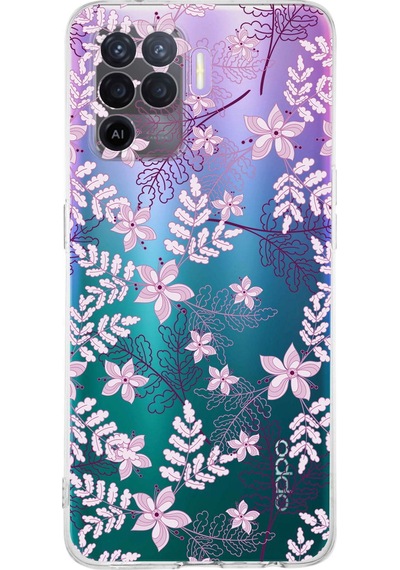 Oppo A94 Uyumlu Kamera Korumalı Floral Pudra Tasarımlı Şeffaf Silikon Kılıf