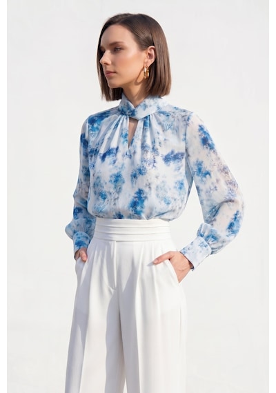 Sateen Çiçek Desenli Bluz - Mavi-137402