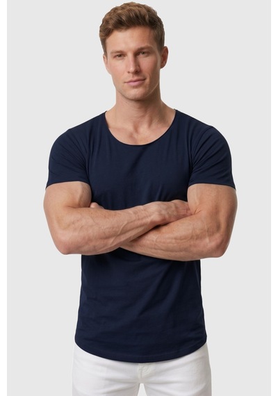 Deepsea Erkek Lacivert Geniş Yaka Likralı Tişört Oval Yaka Slim Fit Eteği Oval Açık Yaka T-shirt 1801199 Lacivert