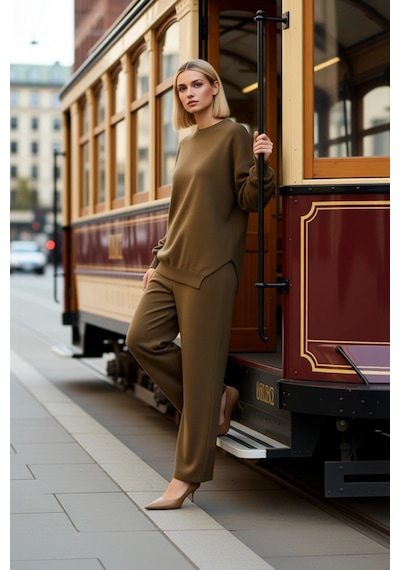 Ersefa Tarz Kadın Modern Moda Normal Bel Boru Paça Bisiklet Yaka Geniş K Haki Ersefa Tarz Kadın Modern Moda Normal Bel Boru Paça Bisiklet Yaka Geniş K Haki